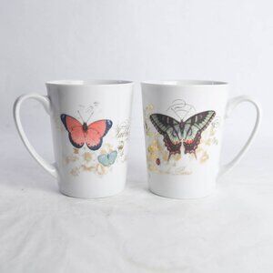 2 x Fringe Studio Barnes Noble Butterfly Coffee Mugs Tea Cups Gold Floral Script